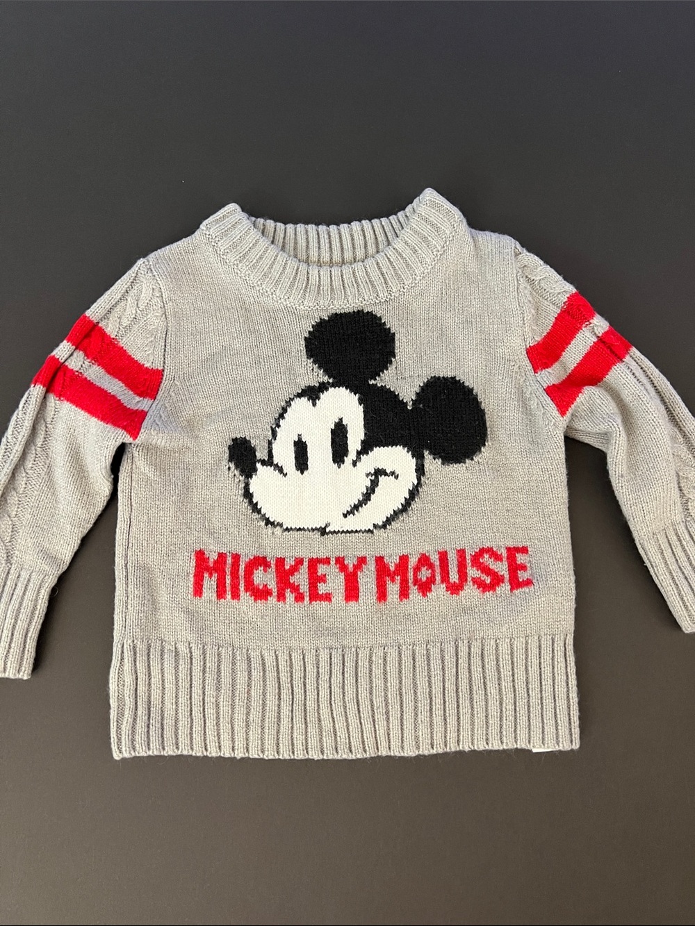 Disney Grey Knit Sweater with Red Sleeve Stripes and Mickey Graphic